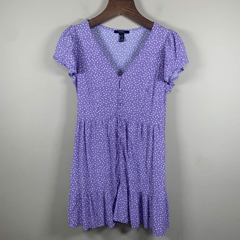 Forever 21 Lilac Floral Tiered Mini Dress Large Boho Cottagecore